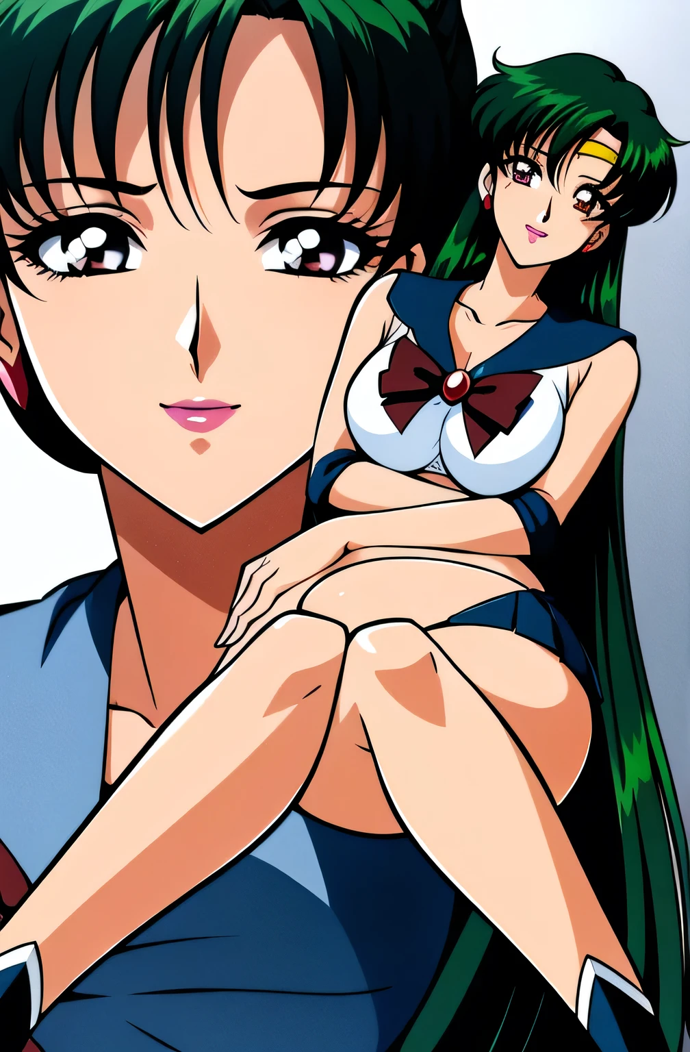 NSFW, masterpiece, (best quality: 1.2), long hair, blue eyes, green hair, big breasts, evil_smile, sexy, ((red lipstick, fishnet stocking)),, ((NURSE)), ((cum shot: 1.5)),