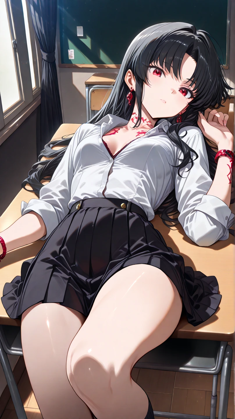 (lying on the ground bleeding:1.3), Lisa, genshin impact, 1 girl, alone, ((white shirt)), black Thighhighs, huge breasts, big breasts, cleavage, uniform, office background, black shorts, office, hair between eyes, messy hair, large chest, long hair, brown hair, red short nails, green eyes, alone, Thighhighs, thick thighs, very long hair, ((masterpiece)), classroom, board, class board, Close ~ eyes, My clothes are covered in blood, slender woman, bloody ground, (Pose that twists the waist:1.2),