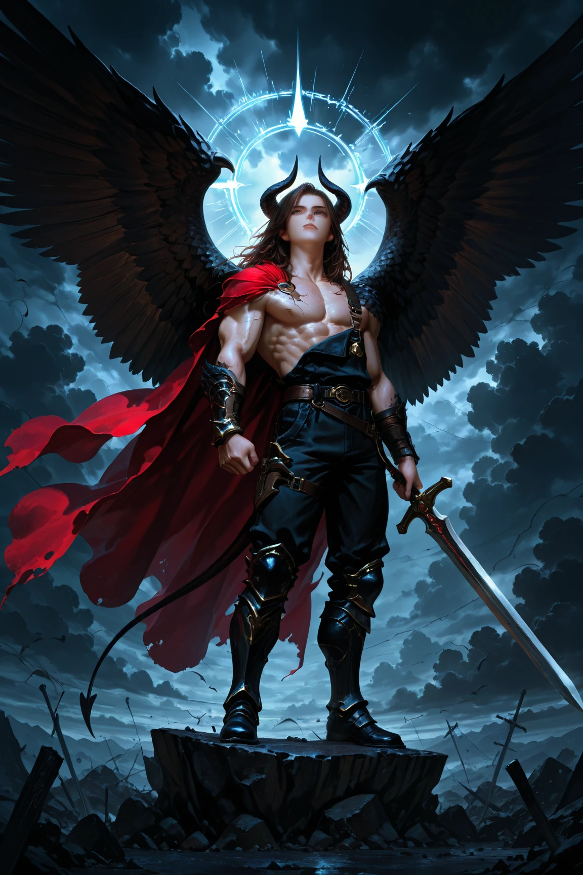 male teen, with long red hair, black wings holding a big red hammer 
