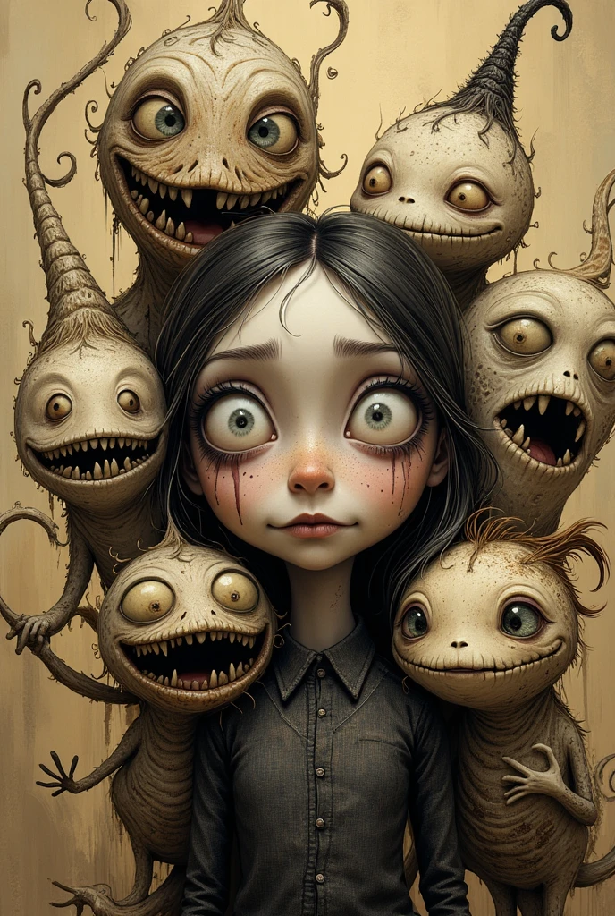 Detailed hyperrealist caricature photo of beautiful happy singing brunet (Emma Watson:0.4) (Erika Eleniak:0.5) in white top, fantasy art scene at moon forest, false teeth, by John Wilhelm tim burton style,  charcoal