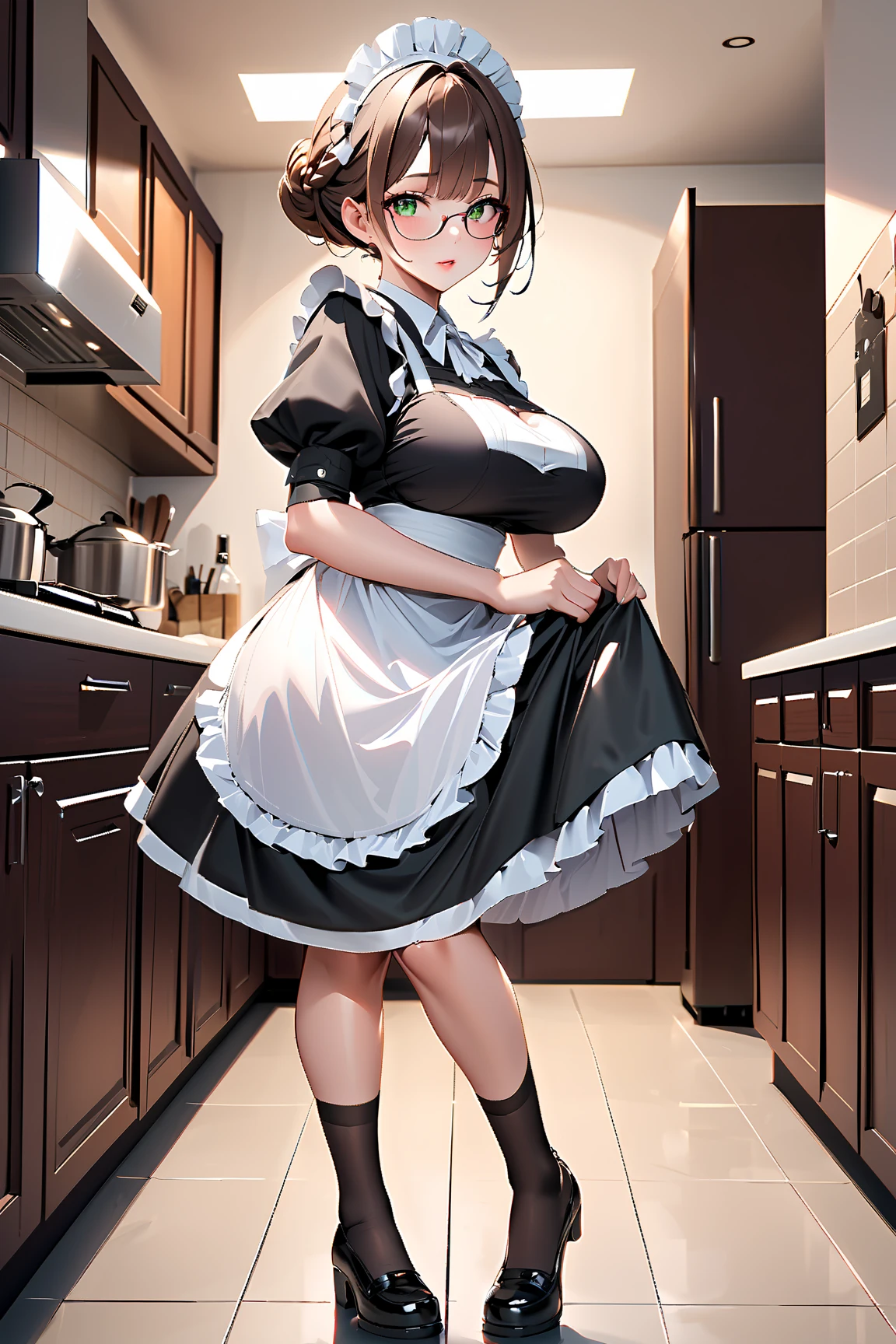 Woman with traditional maid uniform, black clothes, white apron, black hair, curled pigtails, yellow eyes, large breasts, full body, black boots, black gloves, walking on the floor of a very complete and spacious kitchen, smiling, in a room in a modern house, (solo woman), glow, drop shadow, flower, UHD, masterpiece, accurate, anatomically correct, textured skin, super detail, high quality, best quality, 8k, high resolution