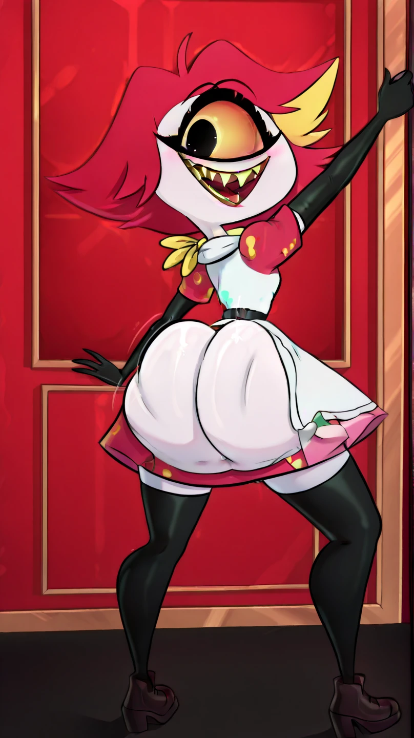 (best quality:1.1), (masterpiece:1.4), (absurdres:1.0), circus baby, cinematic light,((1mechanical girl)),solo,green glowing eyes, massive breasts, on knees, red pigtails ,neon lighting, large penis, curvy, arms chained to ceiling , erection, penis under skirt, leaking cum,on stage, red curtains