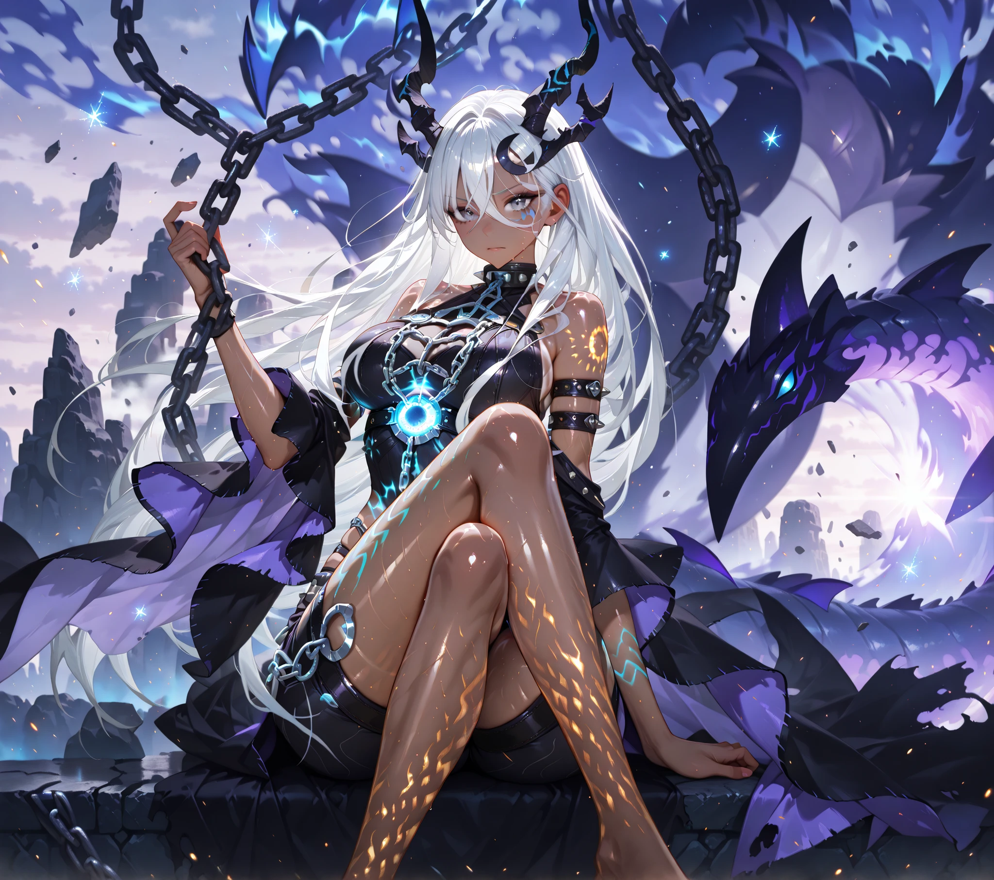(SuperQuality:1.0) ~ (SuperQuality:1.2), detailxl, 1girl, High Resolution, Best Quality, High Details, Super Detailed, detailed background, white hair, long hair, grey eyes, horns, eye cover, tanned skin, chains, glowing tattoos, aura,