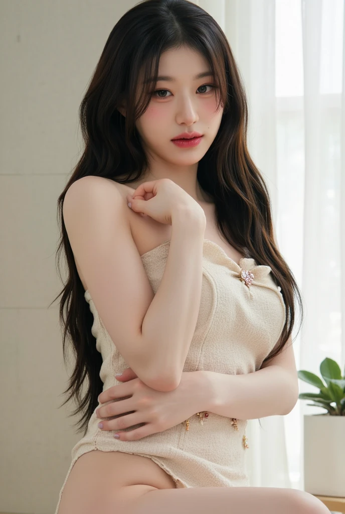 masterpiece, 超A high resolution, (Photorealistic:1.4), Raw photo, One girl posing for a photo, Wavy long hair, Earring Necklace, off shoulders, sexy smile, good lighting, Film Color Grading for Movies, heavy sunray, sunset