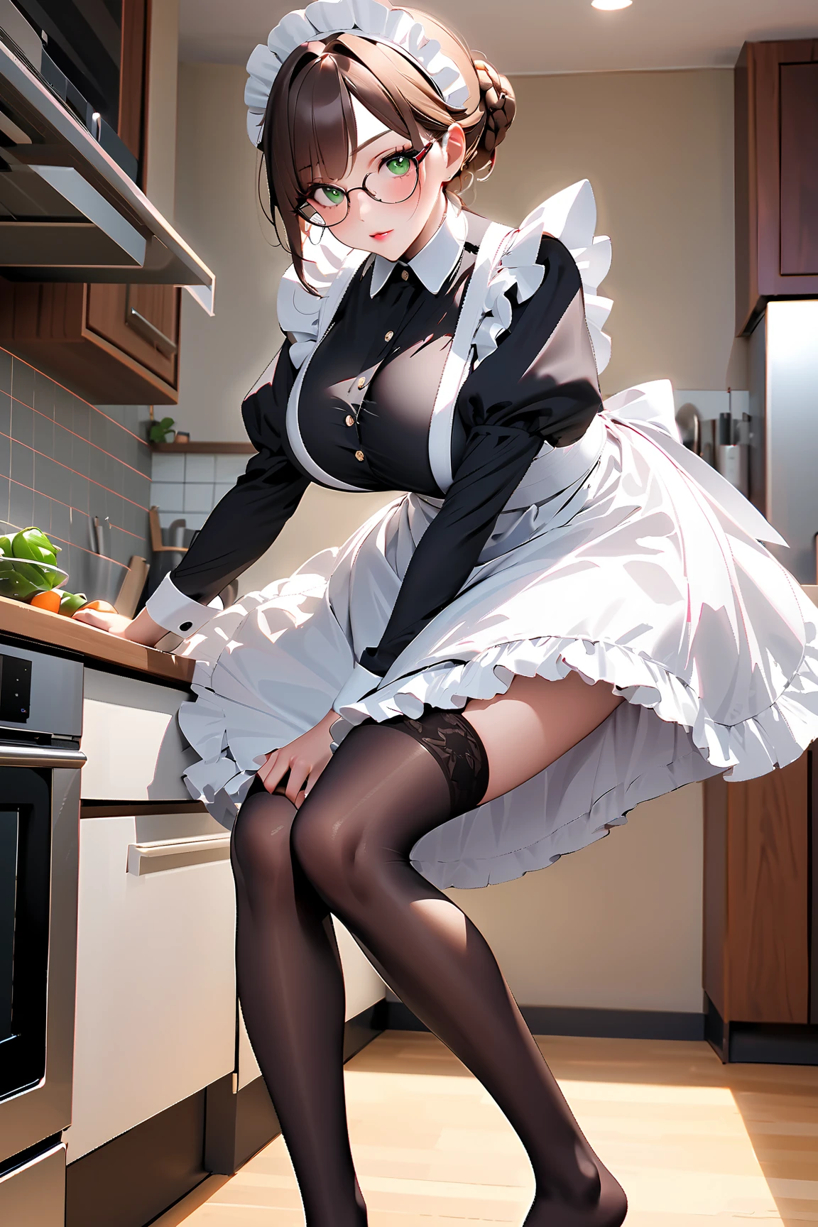 (hyperrealistic), (illustration), (high resolution), (8K), (extremely detailed), (best illustration), (beautiful detailed eyes), (best quality), (super detailed), (masterpiece), (wallpaper), (detailed face), solo, (dynamic pose), 1 girl, white wavy hair in the kitchen, korean, heterochromic eyes, small moles under the eyes, ((apron)), big breasts, long legs, tightens abs, (camel toes), (black stockings), (no panties), (no bra) ,(full body )