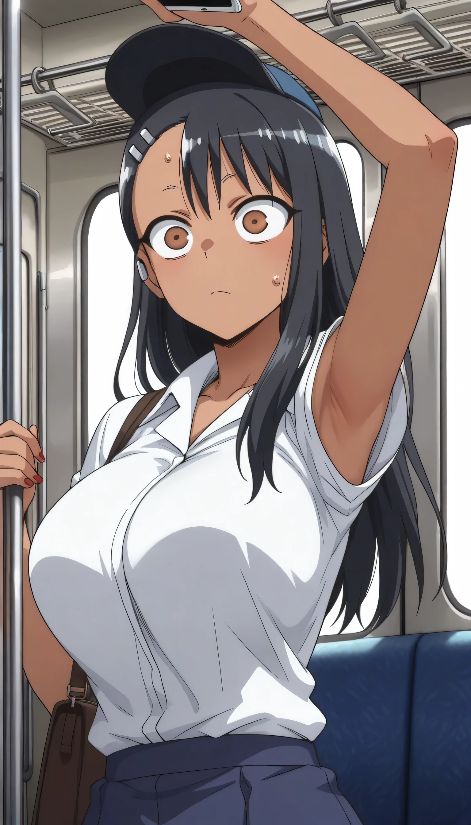 Give your images flat even illumination (negative) or dramatic chiaroscuro lighting (positive), huge breasts,I sweat,), nagatoro_hayase, black_hair, phone, train_interior, armpits, hair_ornament, handgun, long_hair, gun, earclip, 1girl, cellphone, hairclip, shirt, looking_at_viewer, solo_focus, smartphone, weapon, arm_up, bag, white_shirt, breasts, wide-eyed, holding, hat, nail_polish, dark_skin, bangs, holding_phone, red_nails, asymmetrical_bangs, short_sleeves, brown_eyes, , tan, constricted_pupils, , dark-skinned_female, closed_mouth, ground_vehicle, ñ, armpit_peek