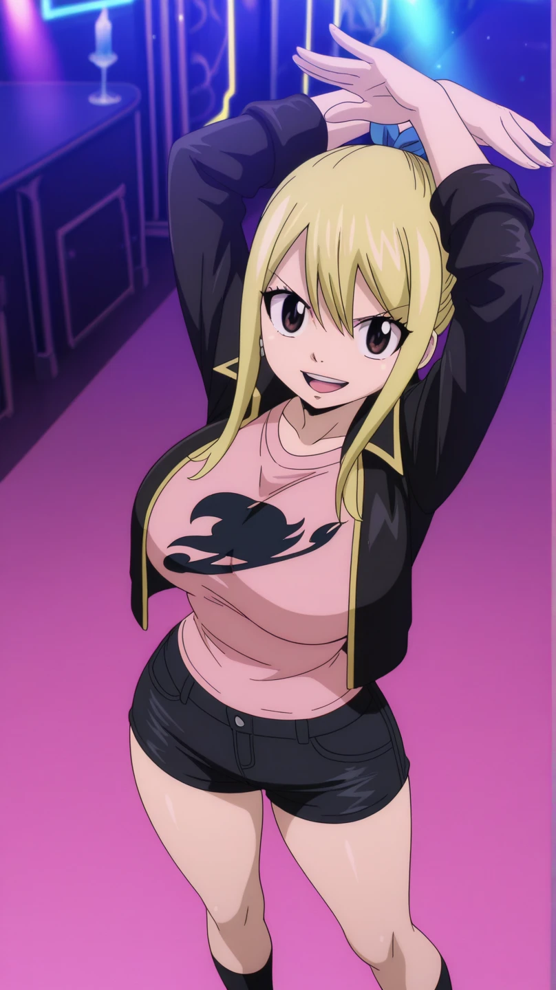 (8k uhd, masterpiece, best quality, high quality, absurdres, ultra-detailed), Lucy Heartfilia,,(standing one leg,) ,(black cat suit,thin fabric,(neckband tight,red neckband with a golden bell),pink edges,cat ears,black micro shorts,red belt) ,(cleavage,underboobs,midriff),(store,table,golden keys), (large breasts),,,(brown eyes),(big breasts:1.2) , , lucy heartfilia, long hair, blonde hair,(straight on),(),(perfect face), blushing ,beautiful hair ,(smile seductive),(gyaru),(only 1girl),,(forehead),(big butt)