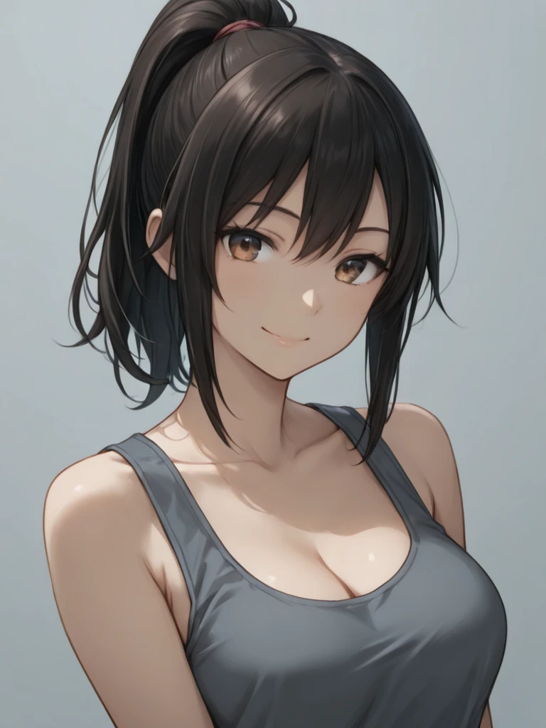 ((masterpiece, highest quality, High resolution, Hmm, Pixel perfect, Depth of written boundary, 4k, RTX, HDR))), 1 Girl, single, alone, Beautiful Anime Girls, 15 years old, Beautiful art style, Sunburned skin, anime character,,(Black hair,,Low twin tails),Black Eye, Narrow eyes, (Smooth texture:0.75, Realistic texture:0.65, Realistic:1.1, Anime CG Style), Medium breast, (Dynamic Angle, Dynamic pose:1.4, Watching the audience), Perfect body ,(Black Tube Top), mini skirt, smile, Sunburned skin,barefoot