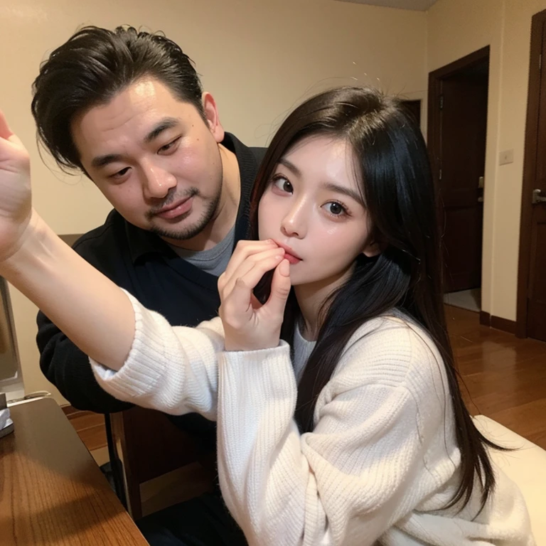 Old Korean man and young Korean woman, Age difference, Age difference, Huge size, 40-year-old man, Long white beard, smile, Hairy body, standing, Sexy Young girl 18, Small and sexy size, Long black hairstyle, Embarrassed and blushing face, kiss, Gray-haired old man, Young girl , Home, Bedroom, Detailed face,
