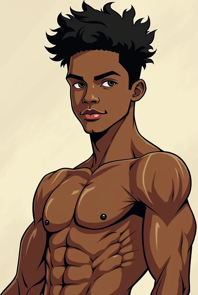 Young man, shaven hair, brown skin, amber colored eyes, No clothes, scars on the abdomen, full breasts, no pants, without underwear, no clothing
