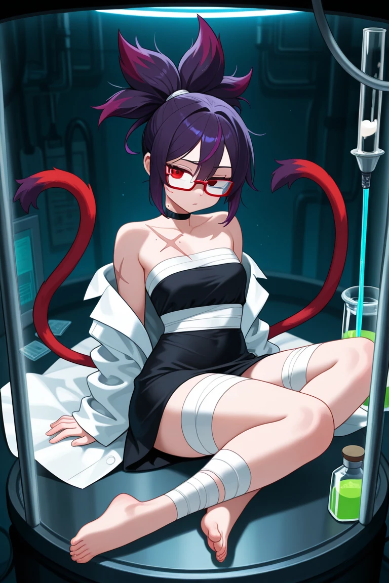 1girl, animal ears, bangs, black-framed eyewear, black thighhighs, breasts, double v, fake animal ears, fingernails, glasses, grin, highleg, highleg leotard, leotard, long hair, long sleeves, looking at viewer, nail polish, playboy bunny, purple eyes, purple hair, rabbit ears, red nails, small breasts, smile, solo, teeth, tentacles, thighhighs, v