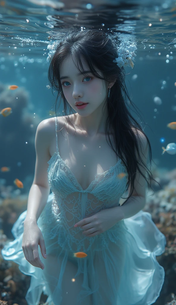 1girl, , sea, underwater, below water , bubbles, wet clothes, wet body, ((low angle)), <lora:japaneseDollLikeness_v10:0.5>, hair ornaments, ((translucent kimono dress)), white kimono, choker, transparent white bikini:0.8, transparent skirt:0.7, translucent white skirt, natural day light, best quality ,masterpiece, illustration, an extremely delicate and beautiful, extremely detailed ,CG ,unity ,8k wallpaper, Amazing, finely detail, masterpiece,best quality,official art,extremely detailed CG unity 8k wallpaper,absurdres, incredibly absurdres, huge filesize , ultra-detailed, highres, extremely detailed, beautiful detailed girl, extremely detailed eyes and face, beautiful detailed eyes, (RAW photo, best quality), (realistic, photo-realistic:1.3), light on face, full body, full-body shot, ((triangle shape face)), (whiteish grey hair:1), thin body, thin legs, long hair, (big prefect eyes),((puffy eyes)), (((small breasts))), ((fantasy breasts)), (Kpop idol), (aegyo sal), bangs, skinny, ((posing)), (smiling), happy, looking at viewer, facing front,small fishes, flowers