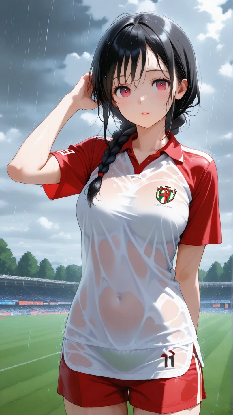 nsfw,8k、High resolution、masterpiece、Realistic、In detail、Fine texture、Head-to-toe portrait、High Contrast、alone、high school girl、Natural body shape、White skin、Natural Makeup、Black Hair、bangs、Straight Long Hair、((School-designated gym clothes))((White gym clothes for the upper body、long、Short sleeve、There is a wine red line))、((The lower half of the body is wine red tight bloomers))、Sit with your legs apart、Big Breasts、、((The upper body is wearing gym clothes))、((School classroom))、Looking into the camera、、Full body photo、Focus on the groin、Exposing thighs、White shoes下、White shoes、Erect nipples:1.2