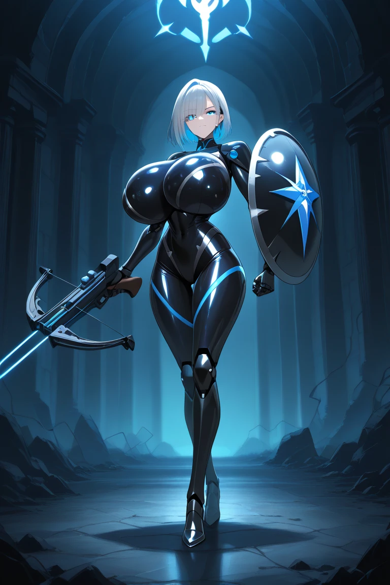 1girl, white skin, light skin, smile, light smile, blue hair, short hair, blue eyes, large breasts, breasts, wide hips, black bodysuit, bodysuit, sleeves, short sleeves, pantyhose, black pantyhose, futuristic, science-fiction, neon trim, neon, full_body, ((full body)), standing, swords, lighsaber, sword