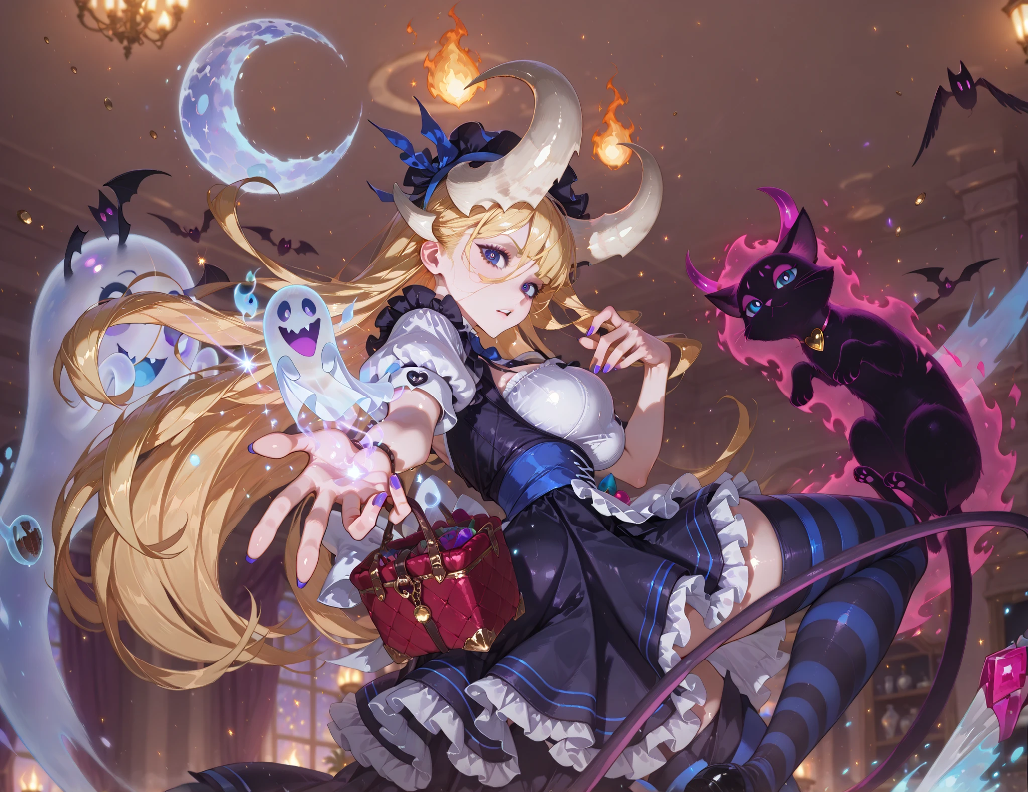 a mad angry Junko Enoshima, dark sorcerer, (white, purple and yellow) wildly long hair, dark fantasy, detailed (white, purple and yellow) cosmic robe, cosmic staff