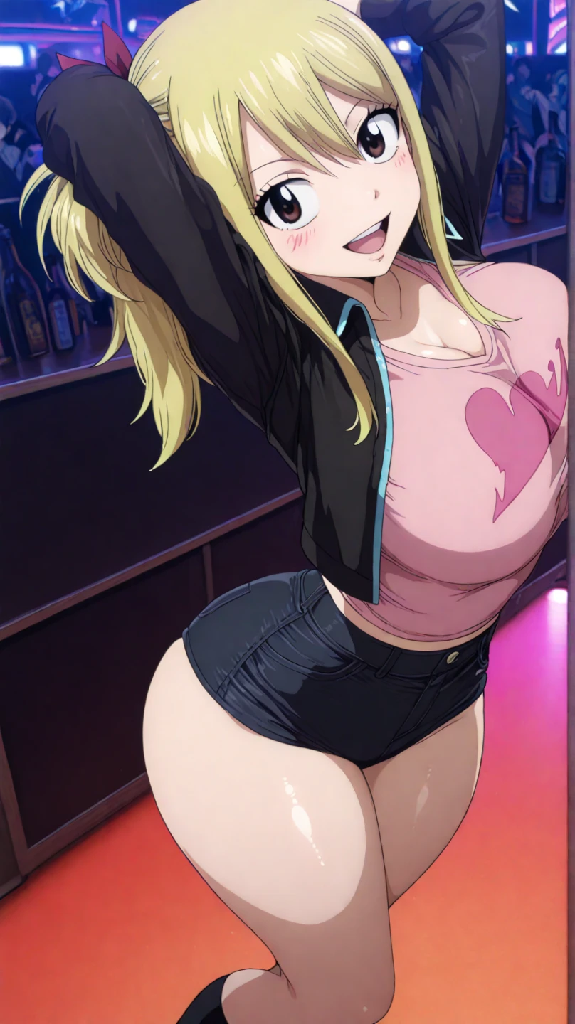 20 year old woman, busty, thigh thighs, bubble butt, hourglass figure, skinny, sexy pose, excited, aroused, smug, horny, expression, wearing black tube top, tight pink leather jeans, heeled boots, messy blonde hair, thin waist, medium breasts, at rock concert