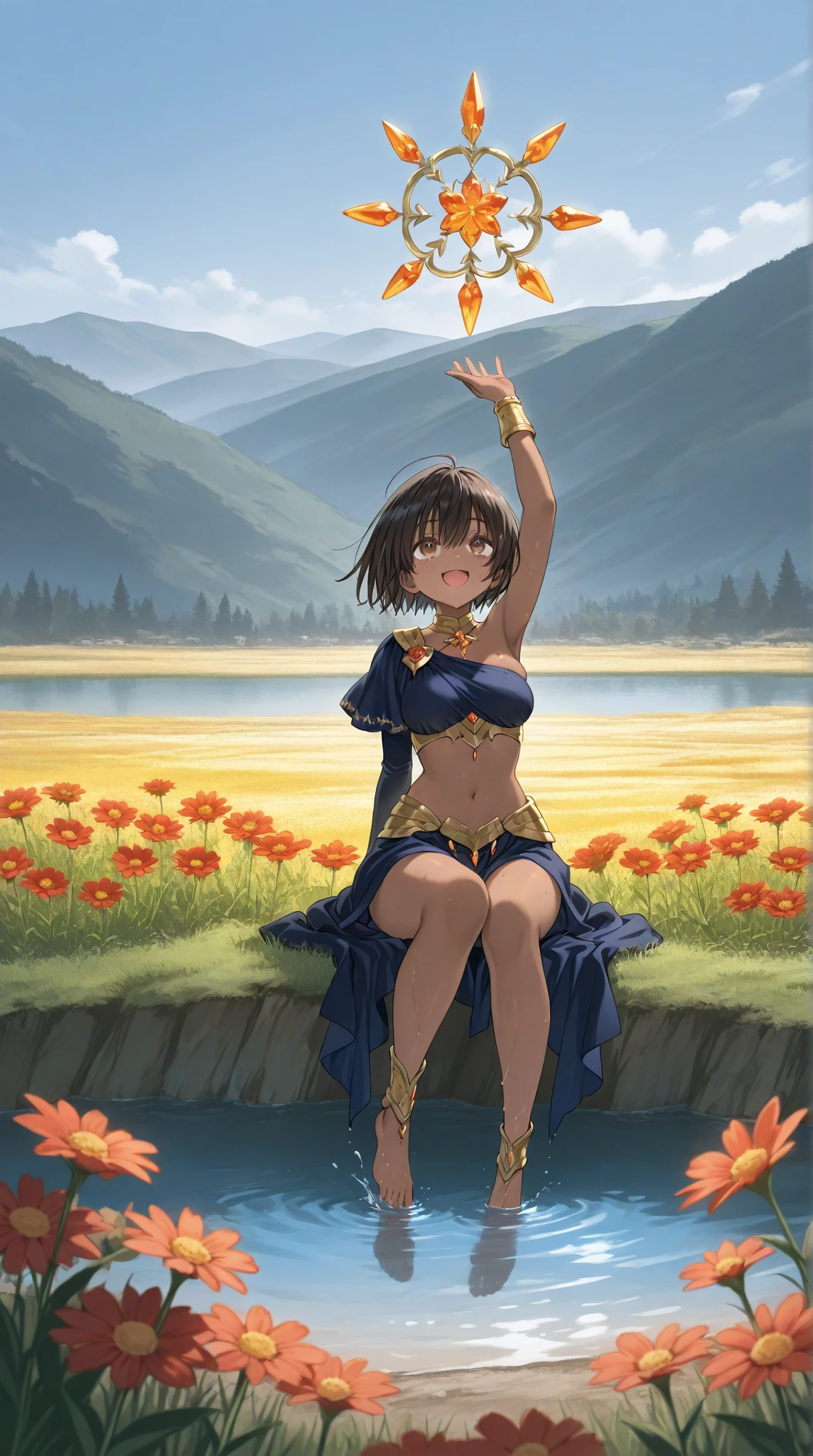 1 girl, best quality, amazing intricate, black hair, medium hair, (closed eyes and smile:1.2), :D, upper tooth, medium breasts,
from side, full body, (dancing, spinning, jumping:1.4), looking up,
(dashiki shirt:1.6), sandals,
arid region, wilderness, sparse vegetation, sky <lora:kasshokuhada:1>