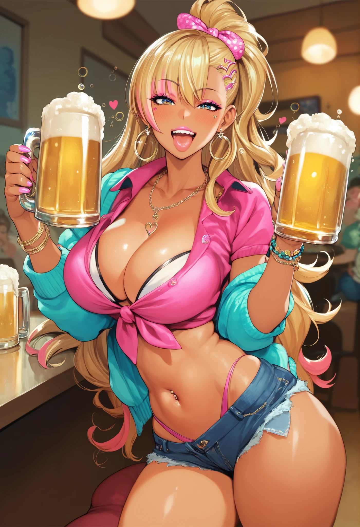 hoshizora ikuyo ,  big breasts,  long Hair Blonde Gyaru, Gyaru tan,  makeup, very sexy clothing revealing , hotel room,  drinking beer,too drunk
