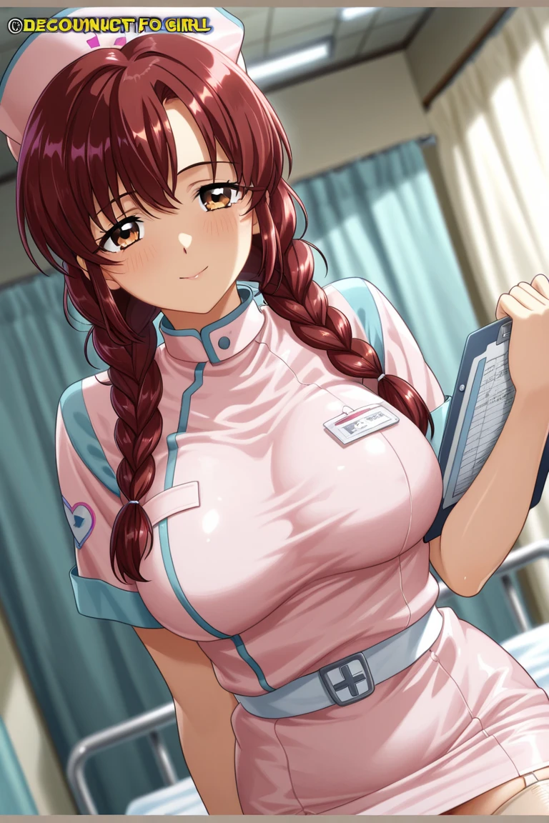 (Best quality:1.3), brown ponytail, large breasts, cleavage, Pink nurse outfit, smiling, (pov, close shot), sitting