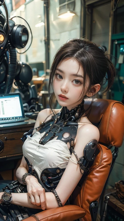 (((Masterpiece)))), (((highest quality)))), ((Ultra Definition)), (Very Detailed Photoreality), ((Very Delicate and Beautiful)), (Delicate and Pretty Face), Cinematic Light, (((1 Girl)), Solo, Full Body, Big, Cleavage Is Visible Skin, White Hair, Purple Eyes, Glowing Eyes, Thighs Exposed Skin, (Mechanical Joints: 1.4), (Mechanical Limbs)), ( blood vessels connected to tubes), (((mechanical vertebrae attached to the back)), ((cervical vertebrae of the machine) attached to the neck)), ((sitting)), expressionless, (wires and cables attached to the head and body: 1.5), (character focus), small LED lamps on the body, Ghost in the Shell, sci-fi, metal, metallic body, detailed neon, hydraulic cylinder