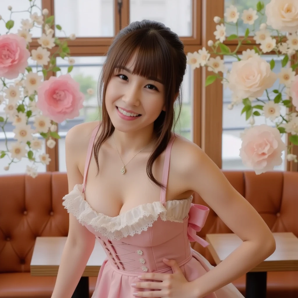 ((table top, highest quality, High resolution, nffsw, perfect pixel, 4k, nffsw, nffsw))), 1 girl, single, alone, Beautiful woman、I could see the whole body、 ((middle wave hair, bangs, brown hair)), ((brown eyes, beautiful eyelashes, realistic eyes)), ((detailed face, blush:1.2)), ((smooth texture:0.75, realistic texture:0.65, realistic:1.1, Anime CG style)), big breasts、soft chest、dynamic angle, perfect body, ((Maid clotheaid headband、ruffle apron、no skirt、stockings、No braにエプロン着用))、cook in the kitchen、(pink lace panties、No bra)、、、(stick out your butt、angle from below)、Very embarrassing panic smile、((、))、