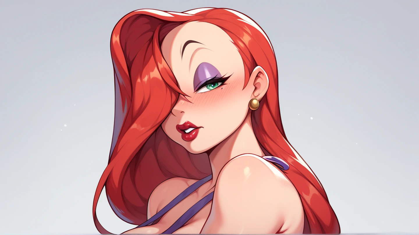 ((1girl, jessicarab, white background, long hair, large hair)), upper body, anatomically correct, simple background, cleavage, looking at the viewer, jessica rabbit, (sideless red dress, glitter dress, purple sleeve gloves, red hair, red dress) detailed eyes, perfect eyes, green eyes, pink eye make up, red lipstick, cleavage, seductive look, looking at viewer