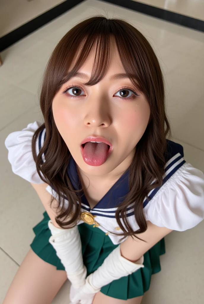 ,Short sleeved white shirt,Red tie,Navy blue mini skirt,Navy blue socks,open mouth,tongue out,cum on tongue,Sitting on a black sofa,looking ahead,from above,flont view,face focus,open mouth,tongue out,(1girl,Beautiful 16 year old girl),((Slender,Small breasts,Small face,)),looking at viewer,Black Hair,bangs,Row Twin Tails,Drooping eyes,Beautiful and detailed,Mischievous smile,Dimly lit room,Simple Background,Gray background,Low lighting
