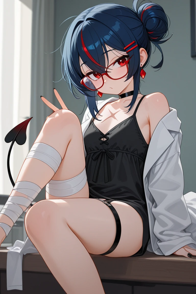 (young girl:1.3), (Open mouth, Tongue out:1.1), BREAK, (Red corset Piercing:1.3), (arms corsets Piercing), (thighs corsets Piercing), tusk, deadpan, emotionless eyes, Glitter eyes), long eyeslashes, red rip, Very short black hair, (Gray eyes), Nail manicure, Flat_Chests of the highest quality, Black Round Glasses, Camisole, BREAK, inside in room, Sit on the bed, (Five Fingers, 4fingers and 1thumb), Professional Lighting, Best Quality, masutepiece, ultra-detailliert, Capture super cute moments, depth of fields, Ultra High Resolution, Fine details, 16k wallpaper,
