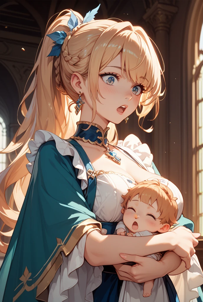 high res, elegant medieval mother, long hair, light blonde hair, parted bang, light blue eyes, loose white dress, wide shoulder, inside castle, big breast, cleavage, a mother, motherly face, portraits, soft lighting, vibrant colors