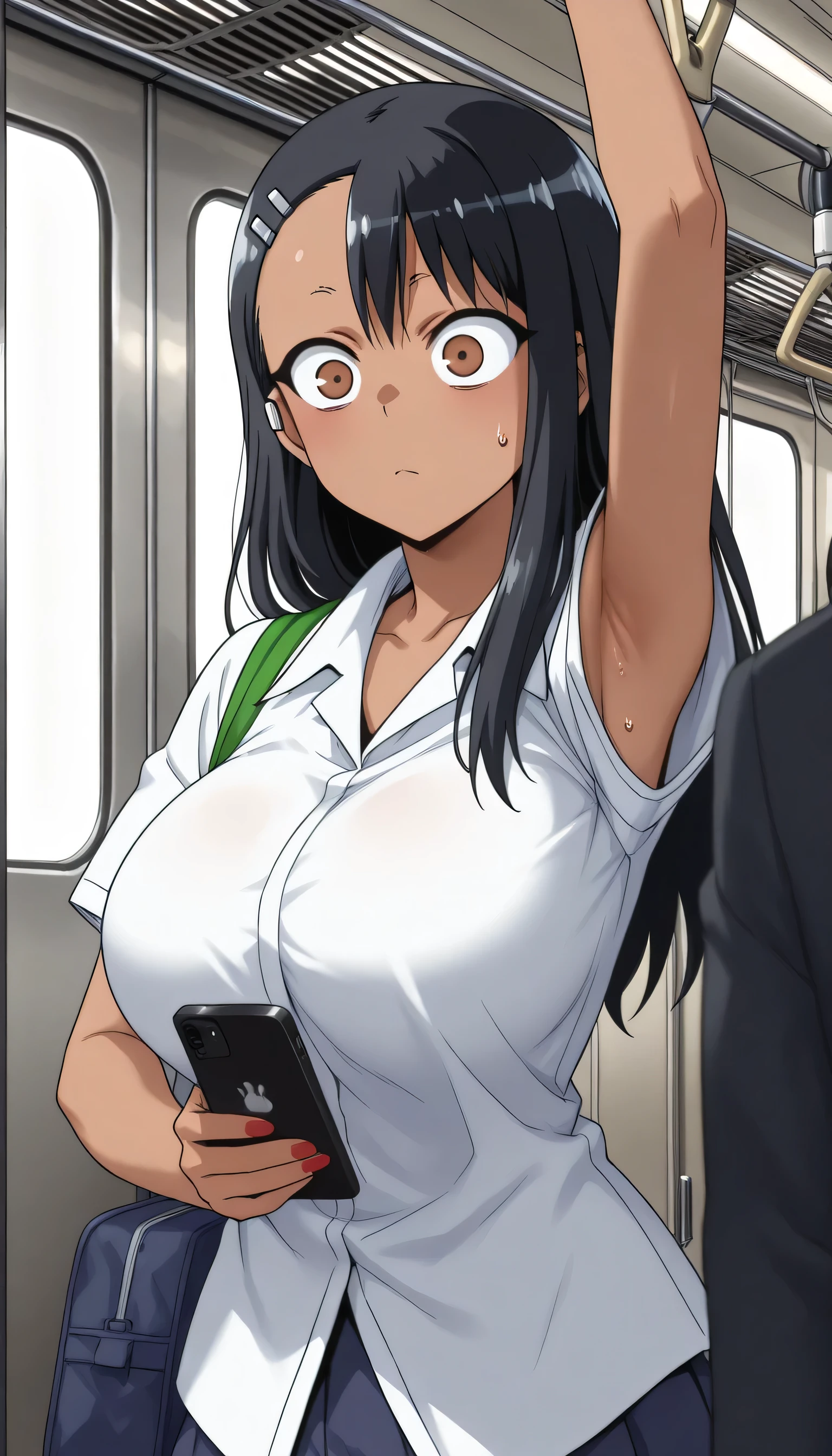 Give your images flat even illumination (negative) or dramatic chiaroscuro lighting (positive), huge breasts,I sweat,), nagatoro_hayase, black_hair, phone, train_interior, armpits, hair_ornament, handgun, long_hair, gun, earclip, 1girl, cellphone, hairclip, shirt, looking_at_viewer, solo_focus, smartphone, weapon, arm_up, bag, white_shirt, breasts, wide-eyed, holding, , nail_polish, dark_skin, bangs, holding_phone, red_nails, asymmetrical_bangs, short_sleeves, brown_eyes, , tan, constricted_pupils, , dark-skinned_female, closed_mouth, ground_vehicle, ñ, armpit_peek,A gun in your pocket,