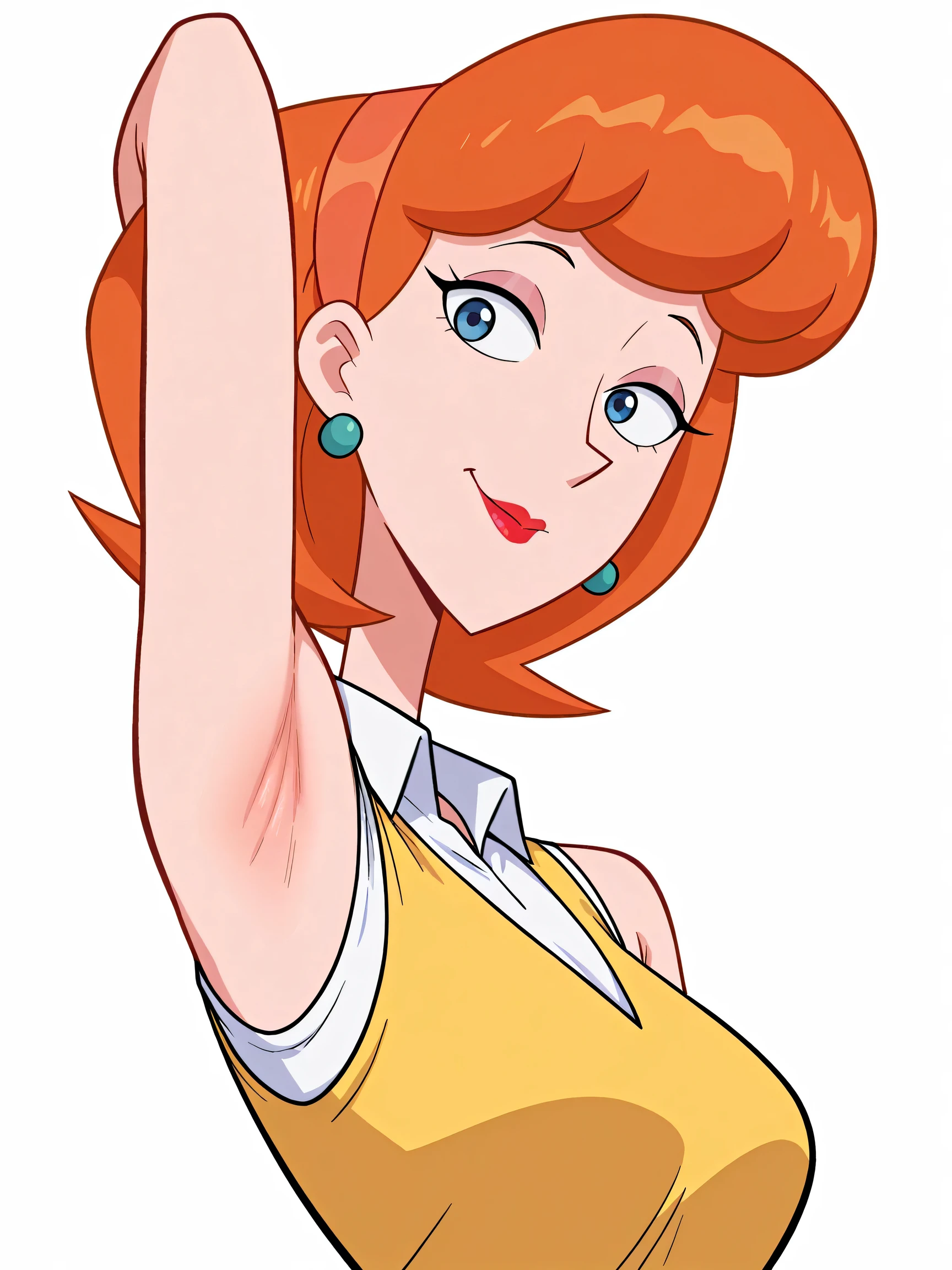 masterpiece, best quality, amazing quality, 1girl, solo, orange LindaXL, orange hair, short hair, blue eyes, hairband, earrings, mature female, white shirt, collared shirt, yellow vest, lipstick, official style, screencap, sleeveless, bare shoulders, bare arms, arm behind head, armpit, armpit focus, head towards viewer, looking at viewer, direct eye contact, smile, closed mouth, from side, from below, simple background, white background