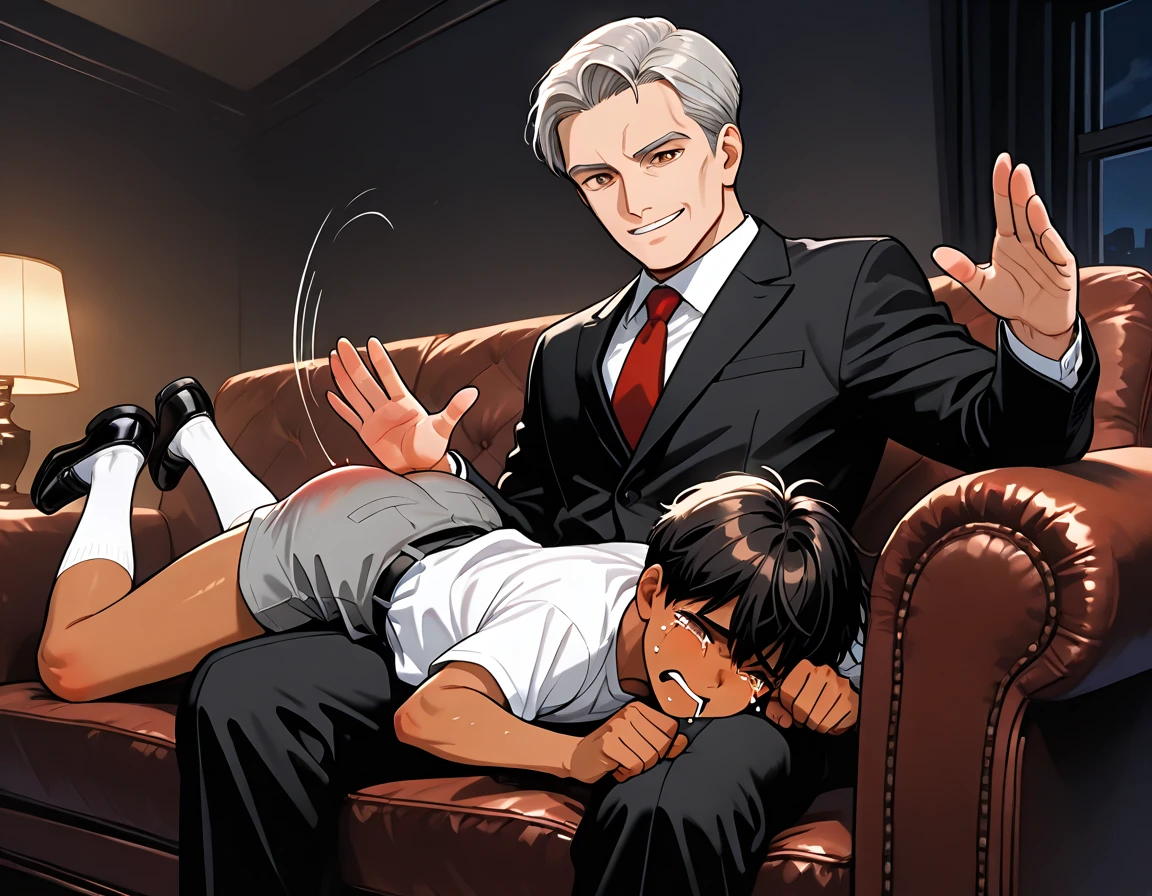 A muscular man fucking a femboy on a table 