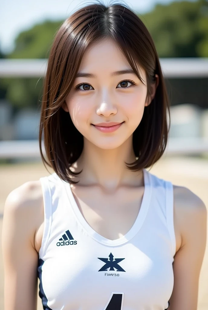 one girl, (a beauty girl, delicate girl:1.3), (, Gal:1.3), (Red sportswear:1.2), Very fine grain definition, (Symmetrical black eyes:1.3), Looking into the camera, Big smile, Showing teeth, (Track Field View:1.2), Very small breasts, Brown short hair, girl, (Eye and facial details:1.5), (masterpiece, highest quality, Super detailed, Detailed face, 8k), Cowboy Shot From Below, Hunchback posture,whole body