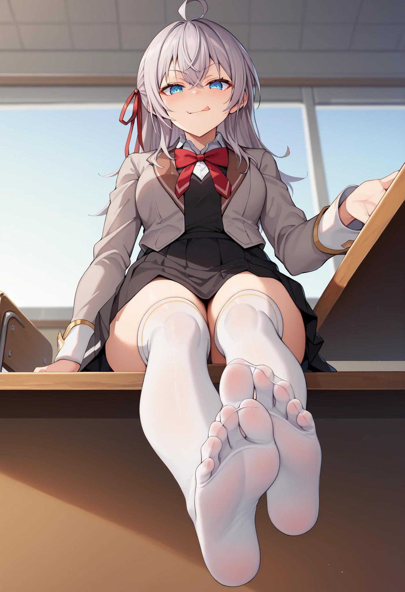 score_9, score_8_superior, score_7_superior, sauce_anime, One girl, Aria, Grey Hair, Long Hair, Ahoge, Hair Ribbon, blue eyes, , bow tie, Black Skirt, White knee socks, Sitting, テーブルのsuperiorに, Feet Focus, Mischievous face, Licking lips, View your viewers, From below, classroom ,Blue panties,Fully visible