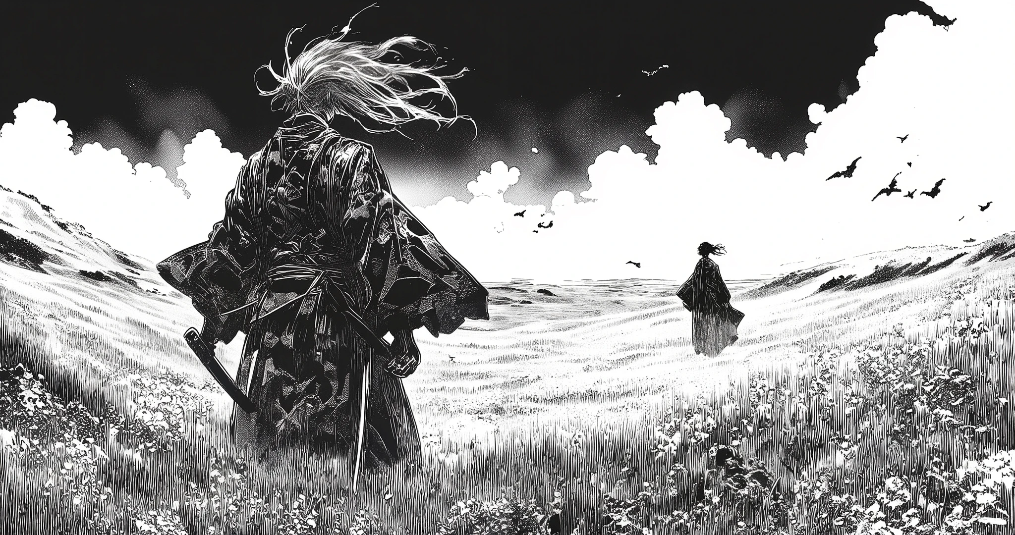 (hyper-detailed black and white seinen manga panel), ((Takehiko Inoue’s Vagabond style)), (((realistic anatomy))), ((emotional depth)), ((cinematic melancholy)), (crosshatching), (chiaroscuro contrast), (dense lineart), (rich texture), (traditional ink style), (graphite tone), (hatching shading), (film noir mood)

Scene composition: ((foreground: a lone male samurai seen clearly from behind)), standing motionless in a vast, uneven field of tall grass and wildflowers. ((His hair is long, thin, blown by wind in separate strands)), (((individually defined))), expressive. He wears a traditional patterned kimono and hakama — with visible ((natural folds)), (((realistic cloth texture))), and a ((sheathed katana)) at his side.

((Background: a small black silhouette of a woman)), placed far in the distance, hair and long dress blown in the same direction, walking slowly away. (emotional separation), (unreachable longing), (regret).

Environment: ((uneven terrain)), (rolling hills), ((layers of swaying tall grass and long-stemmed wildflowers)) that reinforce depth and scale. Use (deep spatial perspective) and (visual distance layering) to create immersion.

Sky: (dramatic gradient sky), ((tonal shading)) from dark (top) to light (horizon), ((volumetric clouds)), (fine ink textures). A small group of tiny crows flies across the sky — (scale markers), (symbolic solitude).

Style/tone keywords: (((realism))), (((seinen atmosphere))), ((traditional manga aesthetics)), (intense contrast), ((emotional silence)), ((melancholy composition)), (((fade-away emotional storytelling))), (emotive isolation), (Japanese brushwork texture).