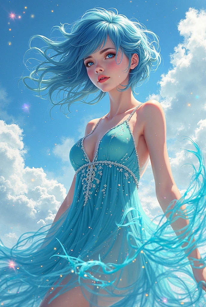 A cloud goddess with long blue hair pair with her green and blue armbands and her green eyes with blue long dress, wearing makeup on her face, her skin is white as cloud standing beside a clouds