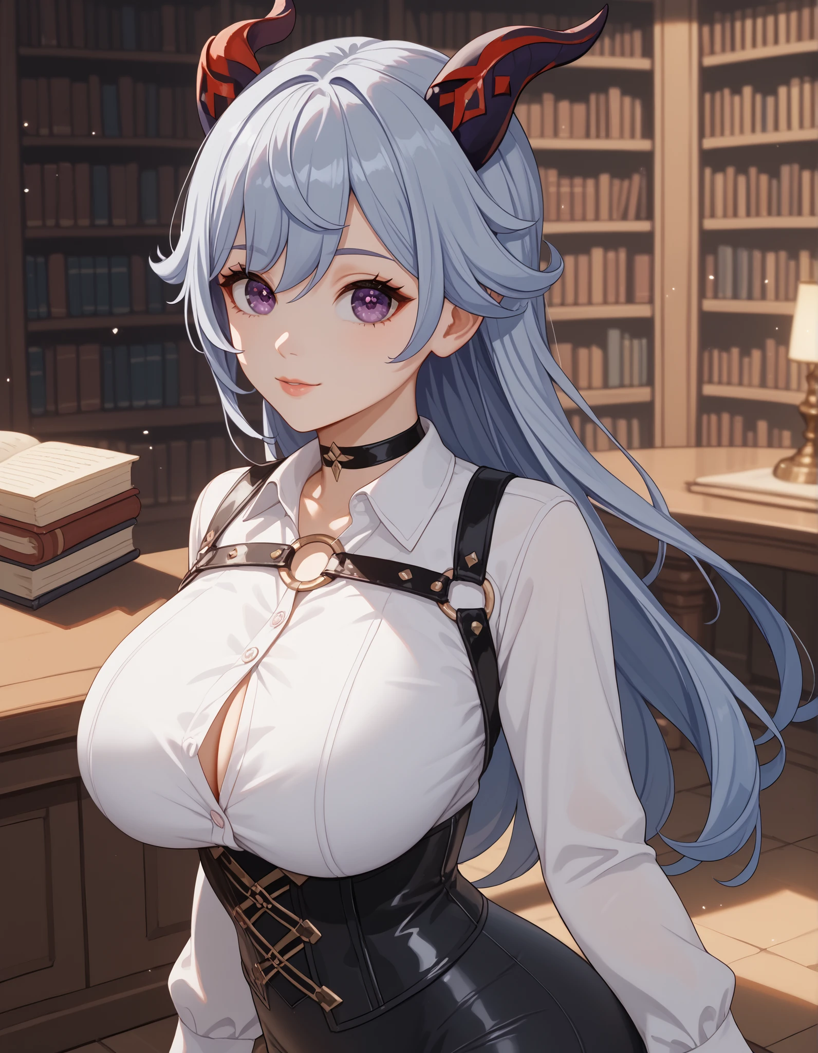source_anime, 1 adorable girl, ((Adorable girl's face)), short stature, Alone, standing, (view from behind)), ((approach from behind)), ( big ass :1.1), old library, candelabras, ((at night)), (hired, genshin impact), looking at the spectator, huge breasts, pale skin, hair azul, choke, arreglo para el hair en la espalda, Big eyes, purple eyes, (((backward tilted horns))), sideburns,very_long_hair,choker:1.6, ((closed buttoned shirt)), ((((long sleeve white buttoned shirt)))), ((black leather corset)), black leather gloves, ((((tight shiny black leggings)))), (harness), ((harness en el muslo))
