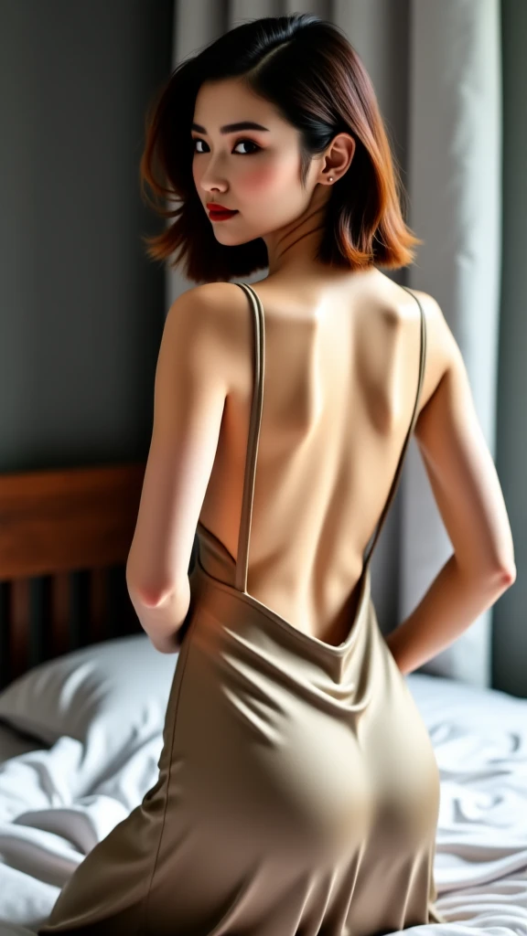 a close-up of a woman in a leopard print dress, back slit, rear view, dress open nas costas, photo taken from behind, back - shot, bare back, rear view, exposed back, rear view também, visto from behind, photo from behind, dress open, from behind, showing her shoulder from behind, complete view, 30 year old woman