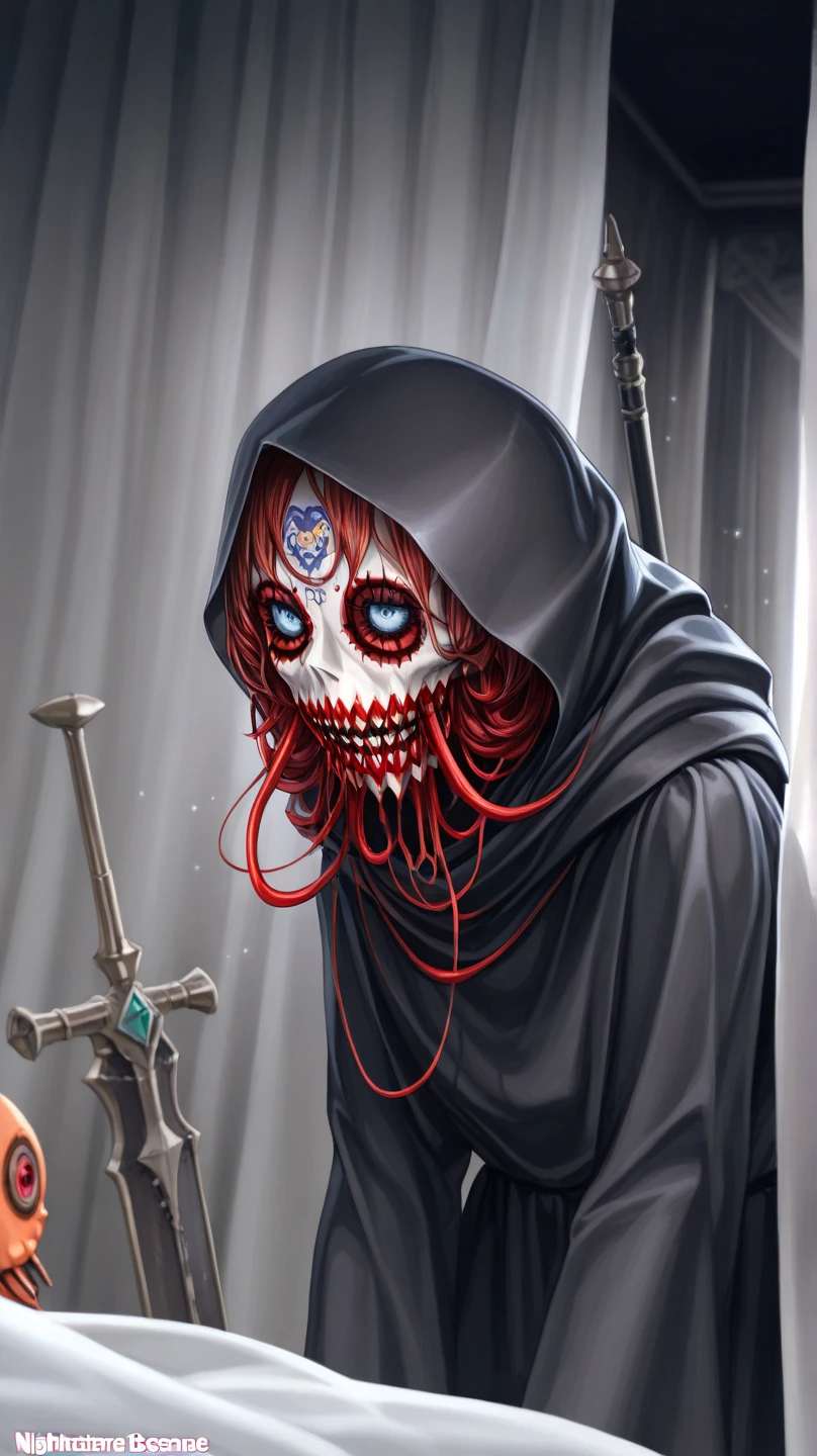 "A person wearing a white mask with tears of blood streaming down their hollow face against a white background."