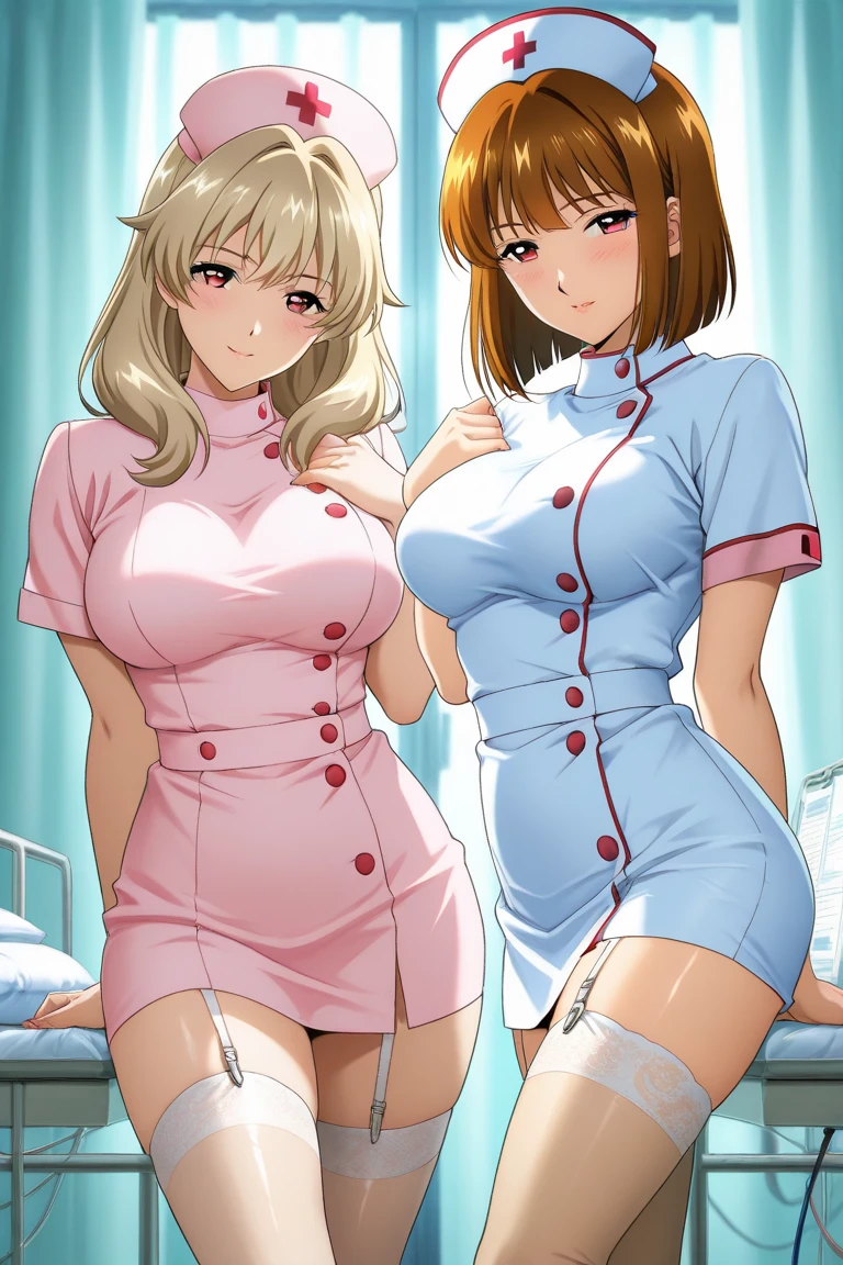 In a dimly lit hospital room, a sultry young female nurse stands out against the somber backdrop. Dressed in lacy lingerie, thigh-high stockings, and a nurse's cap, she exudes seductive mystery. Soft, warm glow illuminates her low-cut pink top showcasing ample cleavage, while white gloves add sophistication. Her gaze invites the viewer to step into her world. Ornate medical equipment and eerie shadows hint at gothic horror elements in the background. The nurse's cap and white gloves nod to darker undertones, balancing provocative themes with elegance.