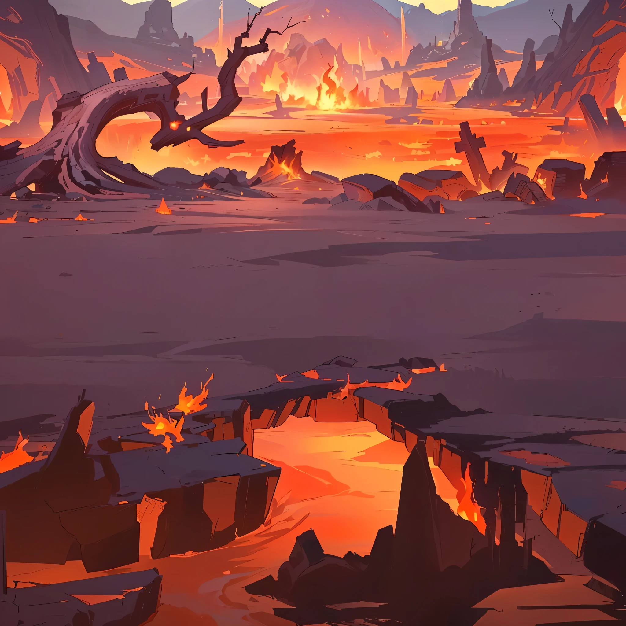 cartoon illustration of a desert landscape with a tree and a fire, burning battlefield background, hell background, mobile game background, background art, firey environment, magical battlefield background, background of a lava river, magical battlefield backround, world of warcraft art style, background artwork, volcanic workshop background, wrath flame and ruin, hellfire background, painted as a game concept art