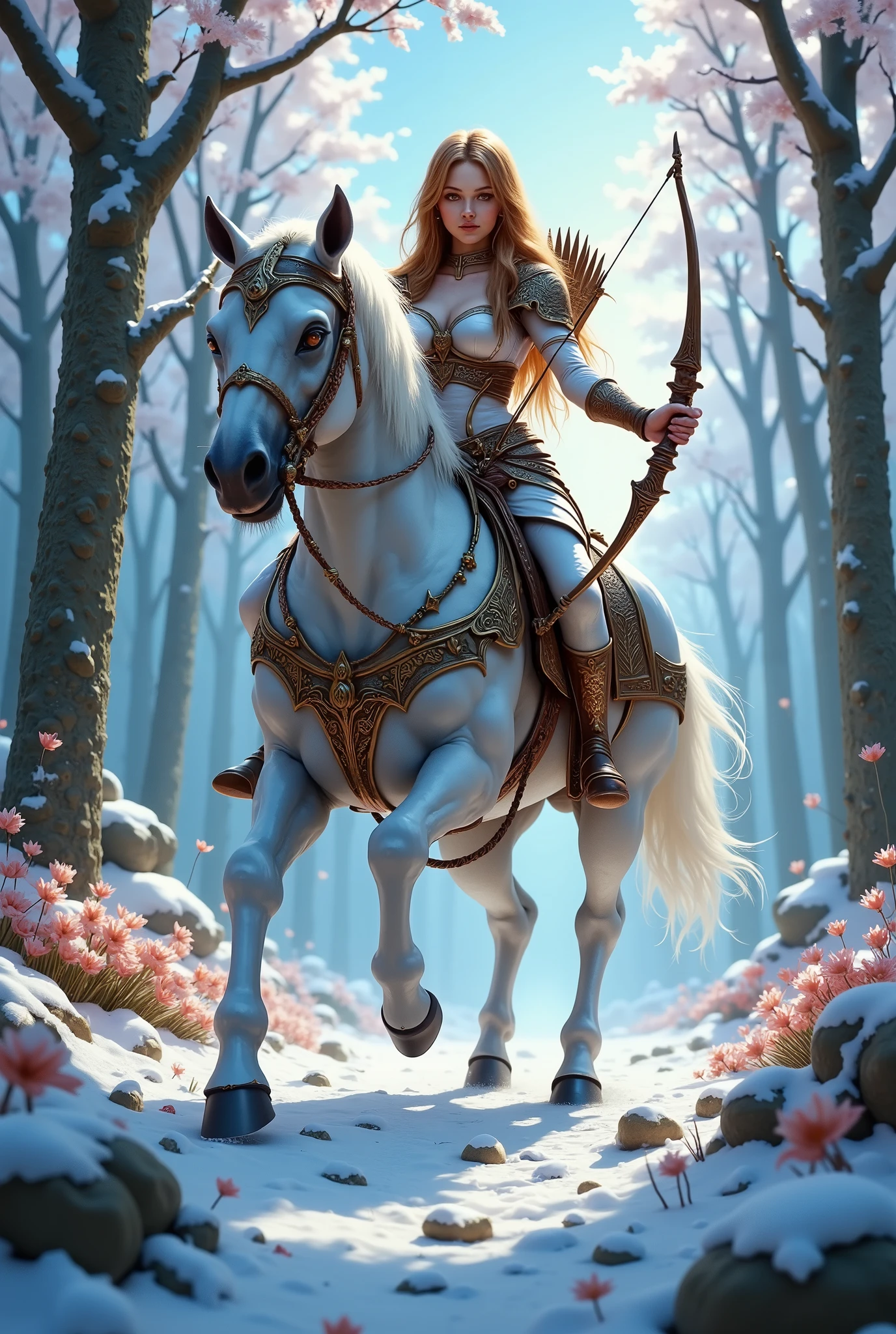 Centaur, arafed woman with a bow and arrow riding a horse in the snow, centaur horse, beautiful fantasy art, amazing fantasy art, a centaur, goddess of the hunt, trending digital fantasy art, realistic fantasy painting, highly detailed fantasy art, very beautiful fantasy art, breathtaking fantasy art, beautiful fantasy painting, detailed fantasy art, high quality fantasy art, fantasy art.