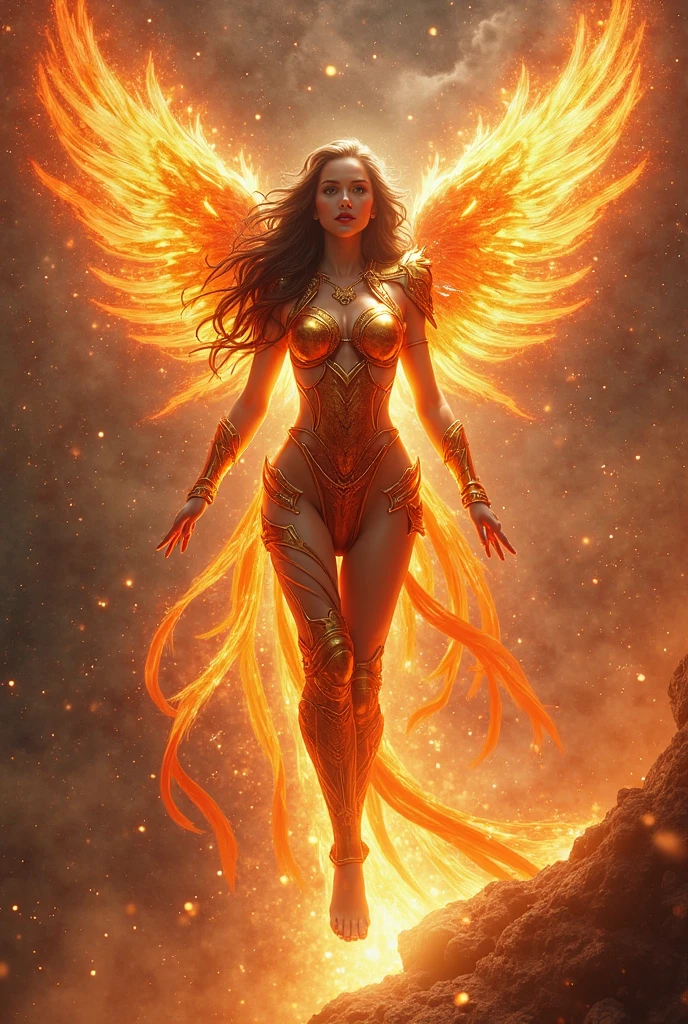 Salshabila,(((8k RAW photo, hyper realistic, masterpiece, best quality, crisp detail, high definition, high detail, very rich detail, sharp focus, sharp detail, colorful, rich color, cinematic, perfect studio lightning, full body photograph, mystic atmosphere))), (((fully naked) young colorful sun goddess, (fully nude), sensual pose, showing pussy and nipples, smooth body, ideal body, naughty smile)), (releasing (solar storm, solar flare energy), (showing (pussy, vagina, genital, nipples))), ((wide solar flare wings, tail)), ((very long sharp claws, solar flare fingers, sun sword)), (burning humans in a destroyed city, burning city, night, solar flare), (( phoenix behind)),