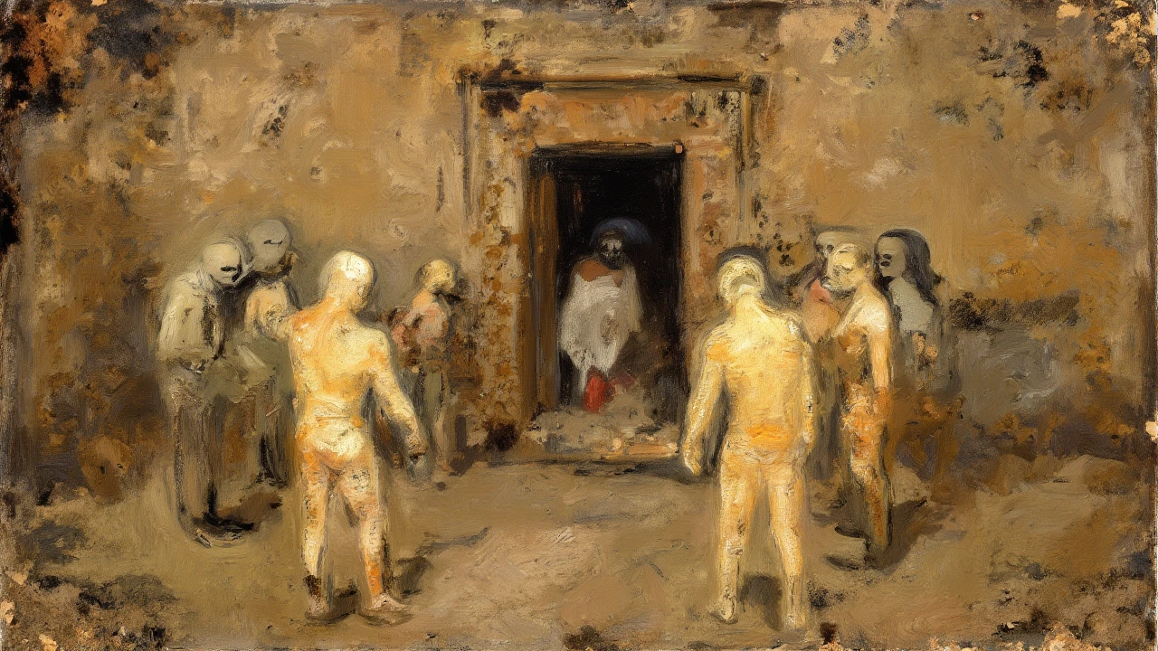 group of prisoners walking in a circle around a claustrophobic prison yard quarry mountain desert Sahara, very tanned primitive short beard brutish sad Neanderthal Russian young men wearing loincloth and barefoot, guards and overseers