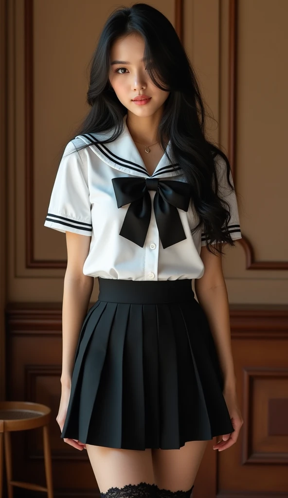 ((cowboy shot)),Ultra-high resolution,big eyes,((brown eyes)),Japanese,(forehead),(a girl),(1 girl),((17 years old)),(cute),pretty,((facing at viewer)),arms behind back,grin,((black school sailor uniform)),pleated skirt,thighs,classroom