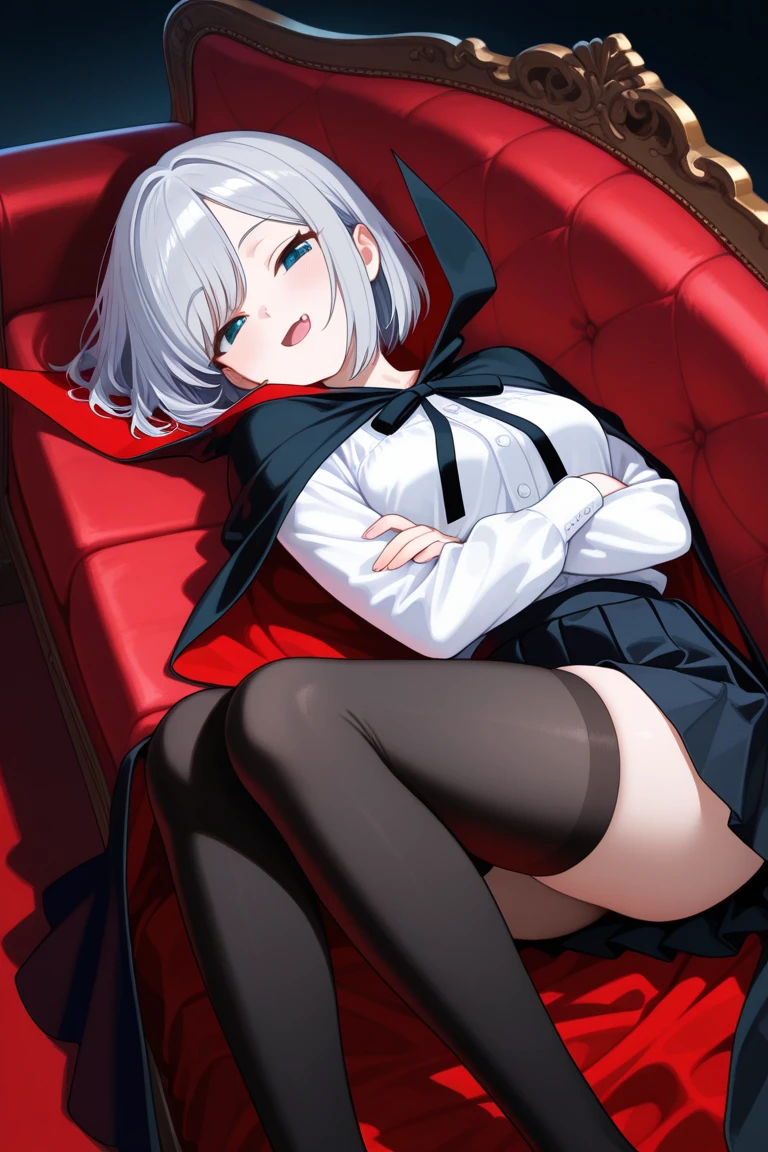 Sitting, cross-legged, sofa, 1girl, solo, faust_(limbus_company), white hair, short hair, blue eyes, one eye closed, light blush, dull expression, expressionless, alternative costume, butler outfit, collared shirt, vest, ascot, long sleeves, gloves, big breasts, thongs, thighs, thighhighs socks, standing, one hand on hip, full body, ((Leg Crossing ))