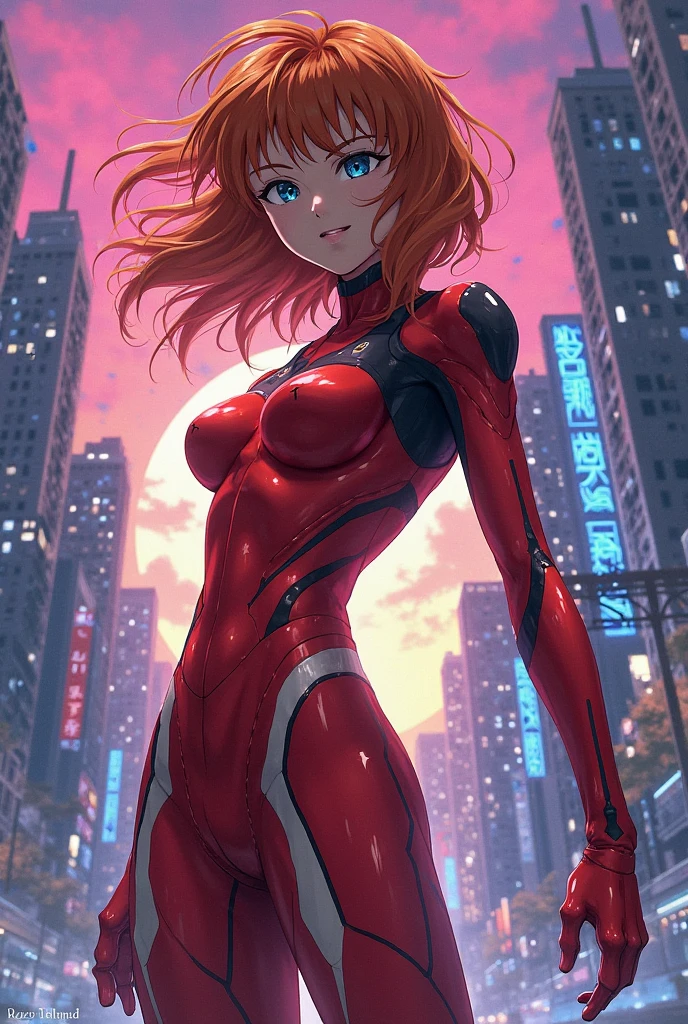 1girl, medium breasts, leotard, red leotard with blue accents, bare legs, boots, matching boots, bracelets, city backdrop, solo, single, standing, full body shot, cowboy shot, beautiful detailed eyes, blue eyes, mature lady, (red hair, bob hair), superhero