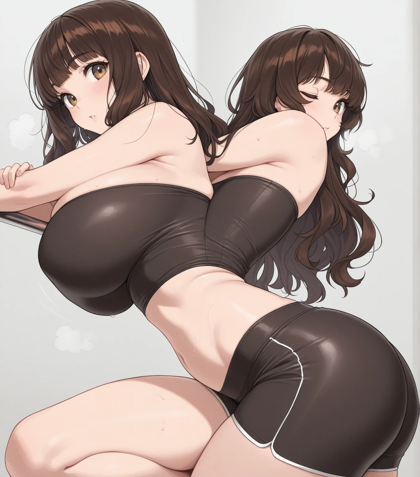 A short with huge tits and huge thighs and a huge ass in a very tight swimsuit stands doggy style on tiptoes and, holding her tiny mommy in her hand, puts her in her panties