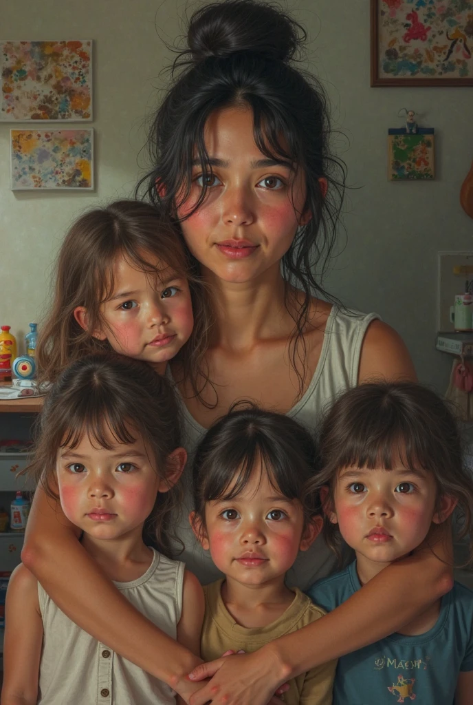 there is a woman and a little girl that are sitting together, 3 5 year brazilian mother, 30-year-old woman from cuba, inspired by Maria Helena Vieira da Silva, by Nándor Katona, with a kid, profile image, malika favre, having a great time, portait image, very very low quality picture