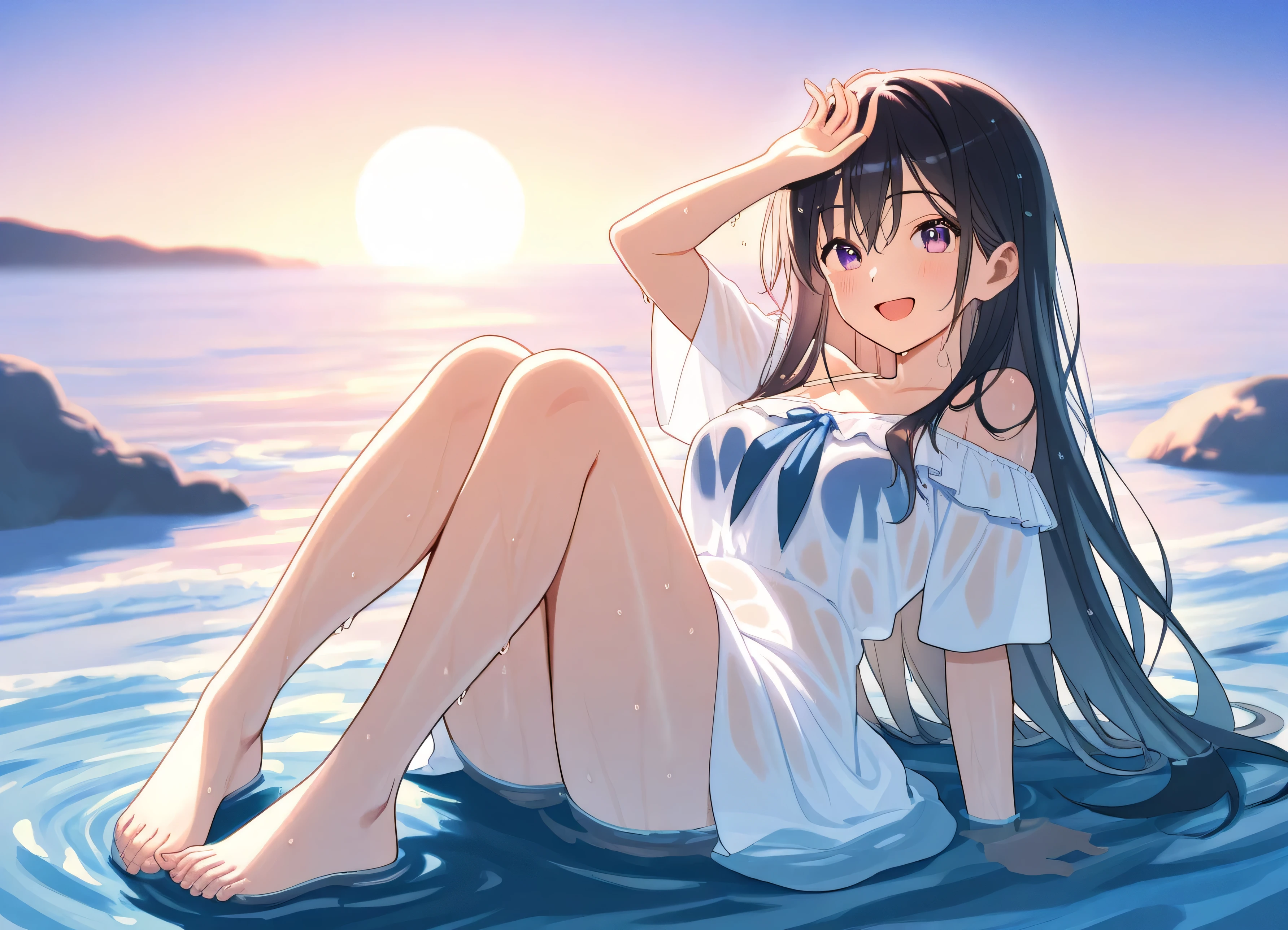 (realistic lighting, top quality, 8K, masterpiece: 1.3), , 1 Japan girl, playing in the river, , slender, white wet kimono, skin see-through, chest up, red cheeks, shy smile, bright sunlight, river surface glowing, face in shadow, detailed watercolor background